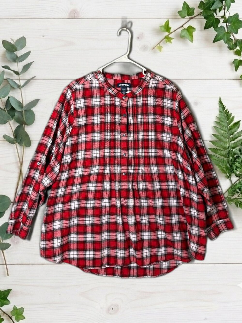 Lands' End Red Black Plaid 26W Pleated Popover Flannel Tunic Top Roll Tab Sleeve